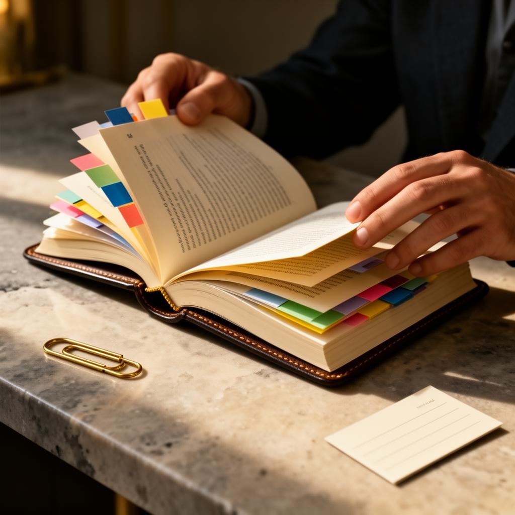 A tabbed handbook on a stone desk, marked with colored bookmarks — the answers, organized