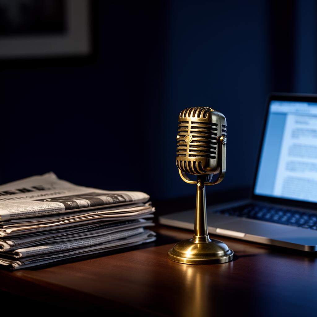 A vintage broadcast microphone beside a stack of newspapers and a glowing laptop — press room ready