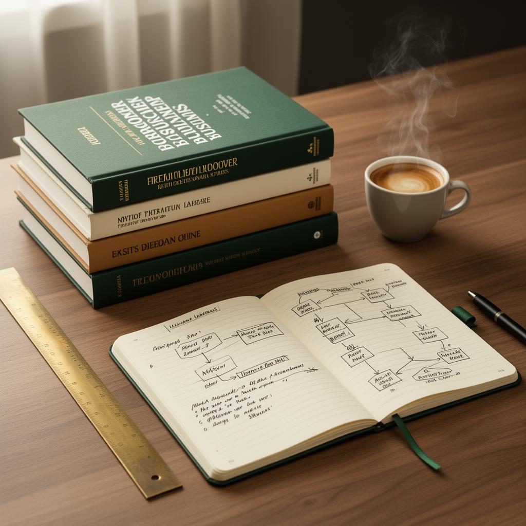 A stack of premium business guidebooks beside an open journal with handwritten frameworks and a steaming espresso